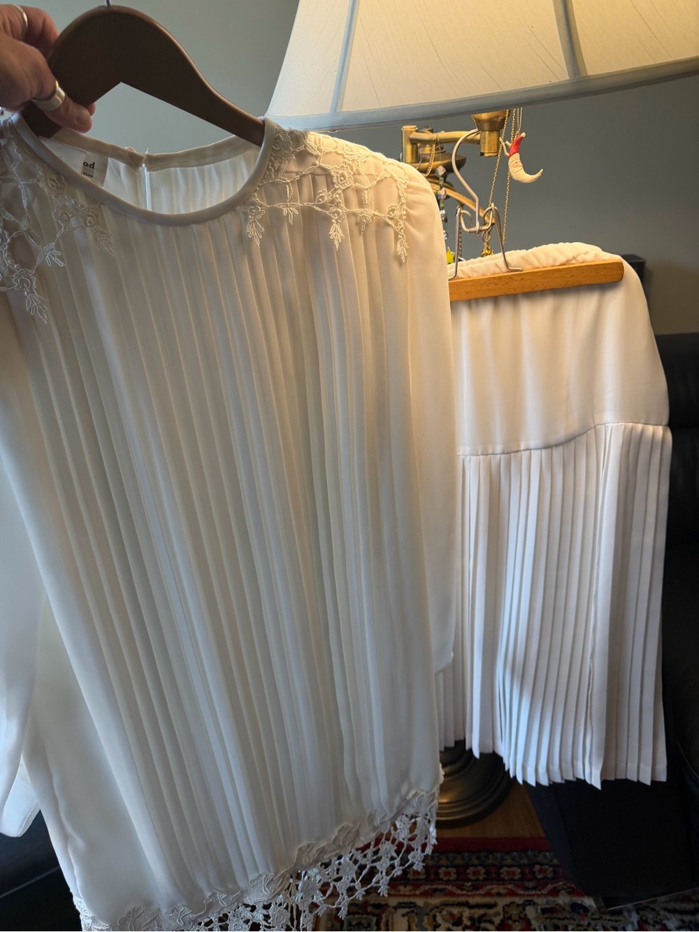 Vintage in the mood white dress with skirt, pleated, lacy overlay, faux pearls